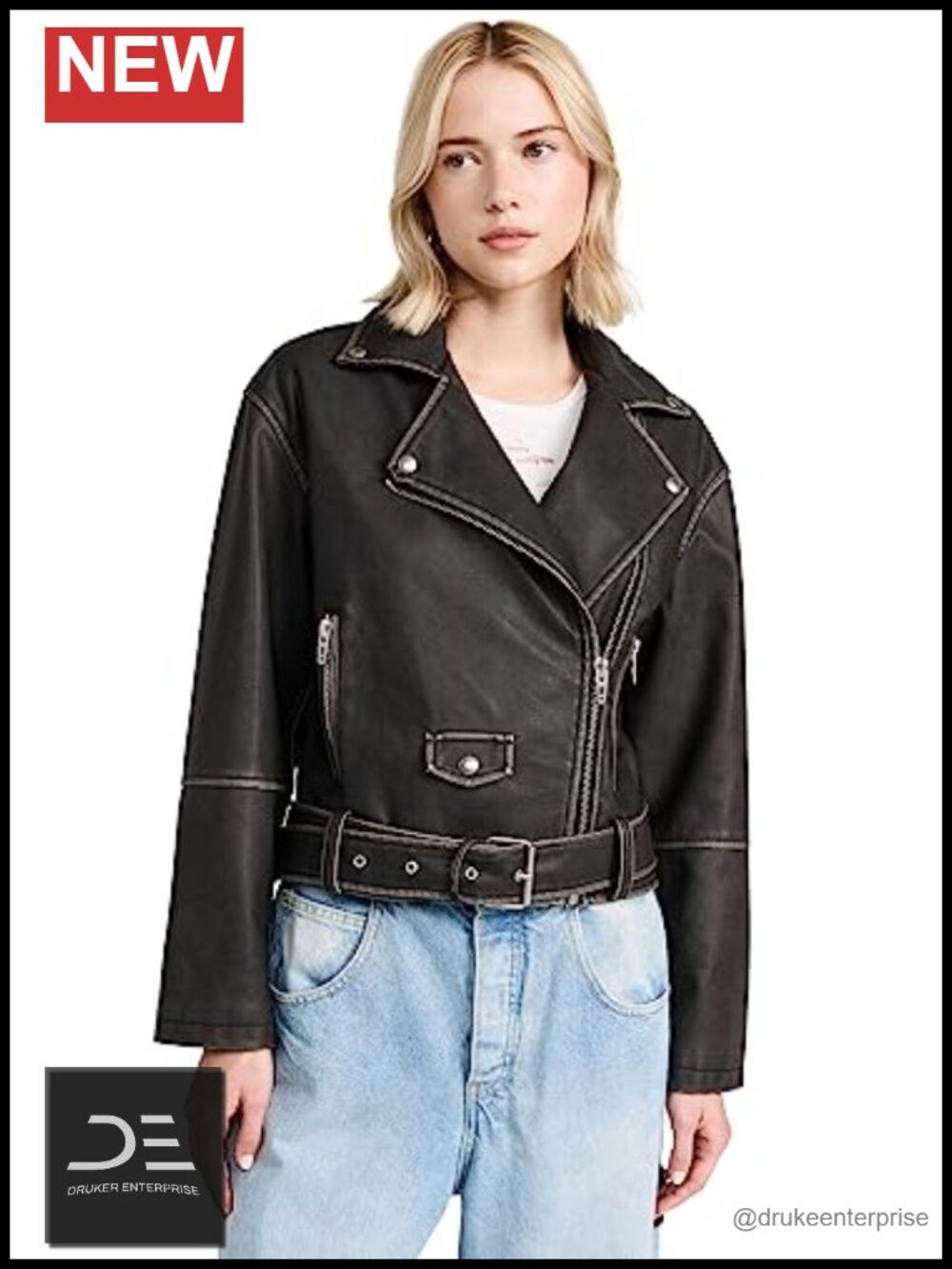 Vegan Leather Moto Jacket with Belt Notched Lapels Zip Front Pockets